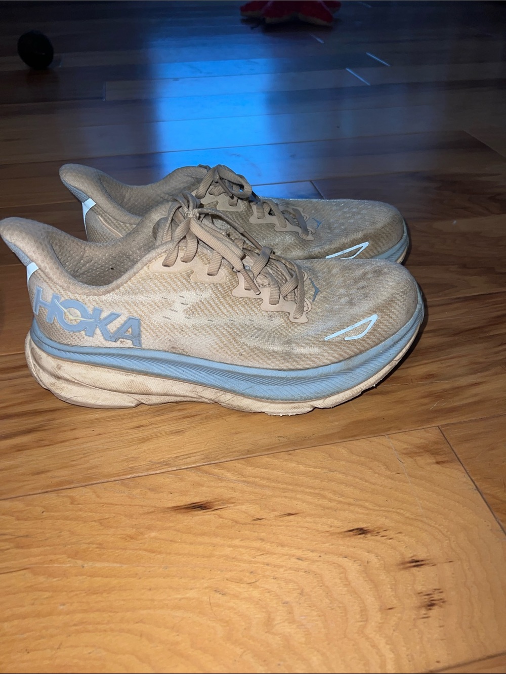 Hoka Clifton’s Women's Athletic Running Shoes in Beige with Light Blue Trim